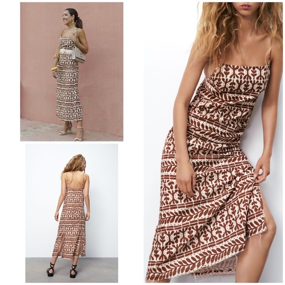 NWOT Zara Linen Blend Floral Leaves Graphics Print Slits Midi Slip Dress S​​​​​​